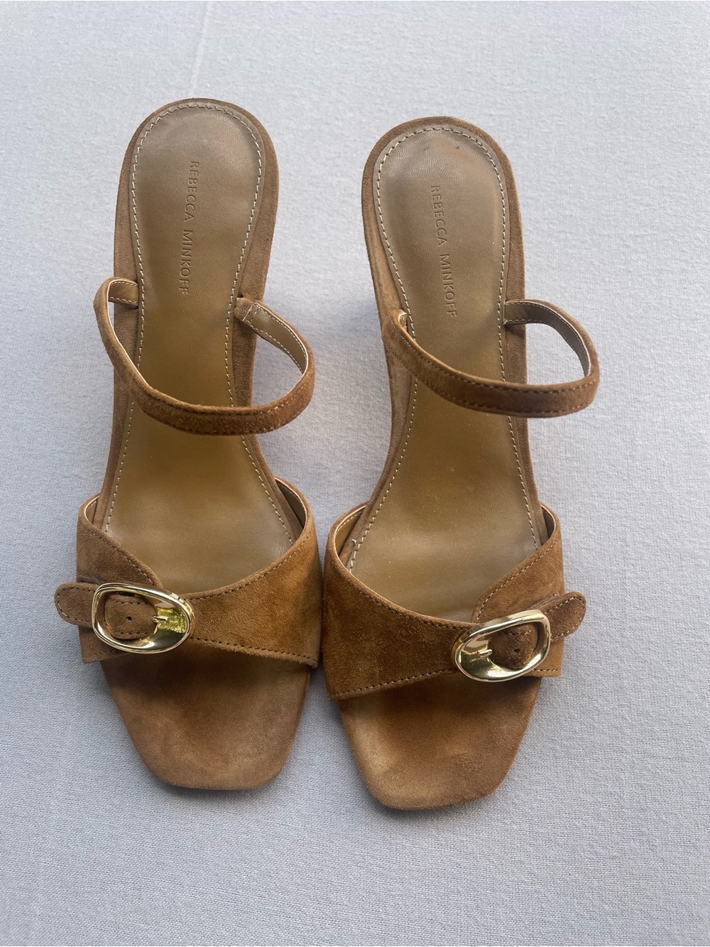 Rebecca Minkoff Tan Suede Buckle Mid-Heel Sandals